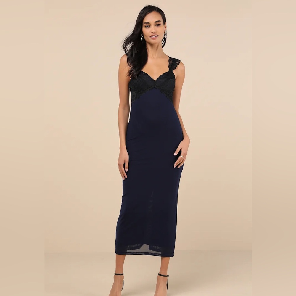 NWT Lulus Navy and Black Mesh Midi Dress